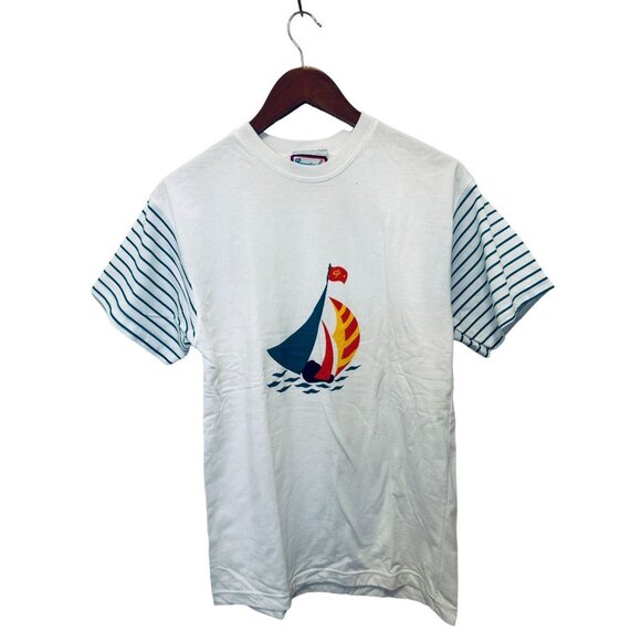 PERSPECTIVE Nautical Oversized Tee Crewneck Cotton Sale Boat White Size Small - Picture 1 of 5